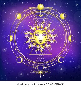 Mystical drawing: the sun with a human face, sacred geometry, phases of the moon. Background - the night star sky. Esoteric, mysticism, occultism. Print, poster, t-shirt, card. Vector illustration.