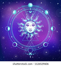 Mystical drawing: the sun with a human face, sacred geometry, phases of the moon. Background - the night star sky. Esoteric, mysticism, occultism. Print, poster, t-shirt, card. Vector illustration.