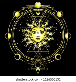 Mystical drawing: the sun with a human face, sacred geometry, phases of the moon. Esoteric, mysticism, occultism. Print, poster, t-shirt, card. Vector illustration isolated on a black background.