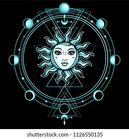 Mystical drawing: the sun with a human face, sacred geometry, phases of the moon. Esoteric, mysticism, occultism. Print, poster, t-shirt, card. Vector illustration isolated on a black background.