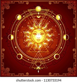 Mystical drawing: the sun with a human face, sacred geometry, phases of the moon. Esoteric, mysticism, occultism. Red background, decorative frame. Vector illustration. 