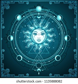 Mystical drawing: the sun with a human face, sacred geometry, phases of the moon. Esoteric, mysticism, occultism. Blue background, decorative frame. Vector illustration. 