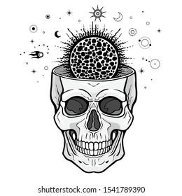 Mystical drawing:  sun inside the human skull. Stars, space symbols. Alchemy, magic, esoteric, occultism. Monochrome vector illustration isolated on white background.Print, poster, T-shirt, card. 