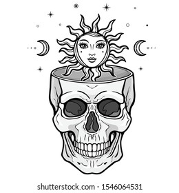 Mystical drawing:  sun inside the human skull, stars, space symbols. Alchemy, magic, esoteric, occultism. Monochrome vector illustration isolated on white background.Print, poster, T-shirt, card. 