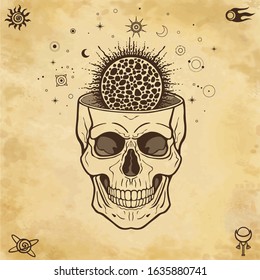 Mystical drawing:  sun inside the human skull. Stars, space symbols. Alchemy, magic, esoteric, occultism. Background - imitation of old paper. Vector Illustration.