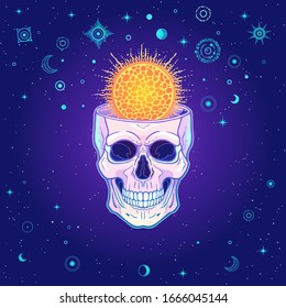 Mystical drawing:  sun inside the human skull. Stars, space symbols. Alchemy, magic, esoteric, occultism. Background - night star sky. Color vector illustration.