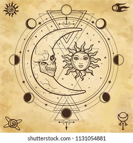 Mystical drawing: sun and  moon with human faces, circle of a phase of the moon. Sacred geometry. Alchemy, magic, esoteric, occultism. Background - imitation of old paper.  Vector Illustration.