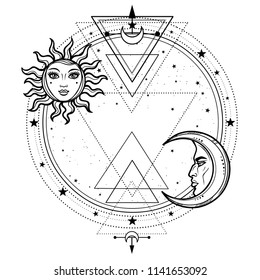 Mystical drawing: sun and  moon with human faces, a star circle. The place for the text. Sacred geometry. Vector illustration isolated on a white background. Print, potser, t-shirt, card. 