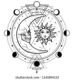 Dibujo místico: sol y luna con rostros humanos, círculo de una fase de la luna. Geometría sagrada. Alquimia, magia, esotérico, ocultismo. Ilustración vectorial aislada en fondo blanco.