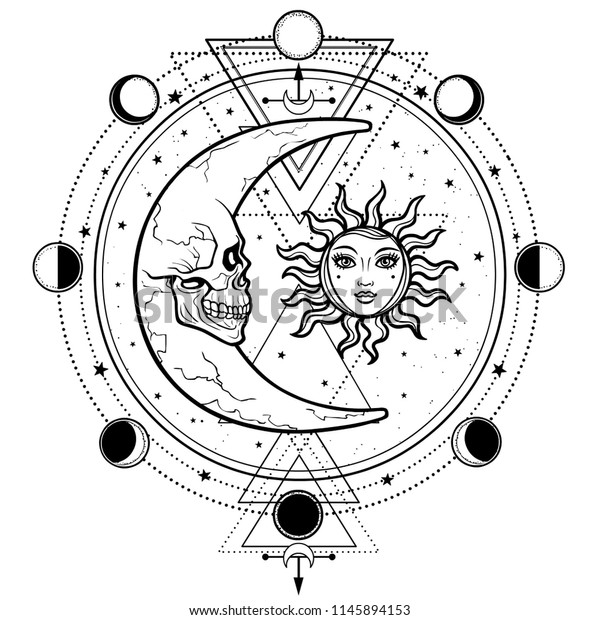 神秘的な描画 人の顔を持つ太陽と月 月の位相の円 神聖なジオメトリ 錬金術 魔術 密教 オクカルティス 白い背景にベクターイラスト のベクター画像素材 ロイヤリティフリー