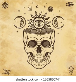 Mystical drawing: sun and moon inside the human skull. Stars, space symbols. Alchemy, magic, esoteric, occultism. Background - imitation of old paper. Vector Illustration.