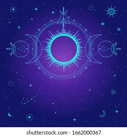  Mystical drawing: sun, moon phases, orbits of planets, energy circle. Alchemy, magic, esoteric. Sacred geometry.  Background - night star sky. Vector illustration. Print, poster, T-shirt, card.