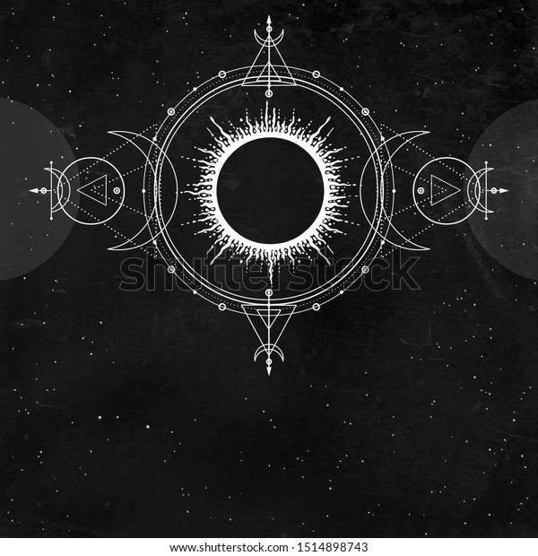  Mystical drawing: sun, moon phases, orbits of\
planets, energy circle. Alchemy, magic, esoteric. Sacred geometry. \
Background - black star sky. Vector illustration. Print, poster,\
T-shirt, card.