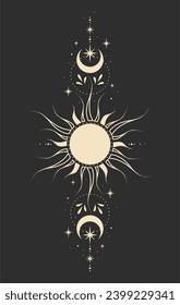 Dibujo místico del sol y la luna, tarjetas tarot, ilustración boho, tarjeta mágica. Dibujo manual del vector