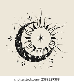 Mystische Zeichnung von Sonne und Mond, Tarotkarten, Boho-Illustration, Tattoo, Zauberkarte. Vektorhandzeichnung