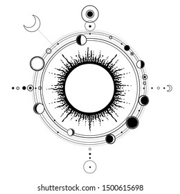 Mystical drawing: sun system, moon phases, orbits of planets, energy circle. Sacred geometry. Alchemy, magic, esoteric, occultism. Monochrome Vector Illustration isolated on a white background