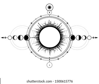 Mystical drawing: sun system, moon phases, orbits of planets, energy circle. Sacred geometry. Alchemy, magic, esoteric, occultism. Monochrome Vector Illustration isolated on a white background