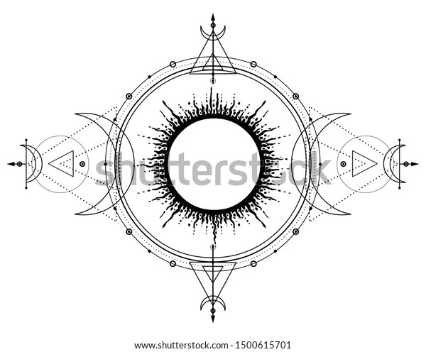 神秘的な描画 太陽系 月相 惑星の軌道 エネルギー円 神聖なジオメトリ 錬金術 魔術 密教 オクカルティス 白い背景に白黒のベクターイラスト のベクター画像素材 ロイヤリティフリー