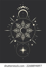 Mystical drawing of the sun , tarot cards, boho illustration, magic card. Vector hand drawing