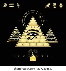 Mystical drawing: symbolic valley of kings. Egyptian pyramids. Set of hieroglyphs. Eye of god Horus. Vector illustration isolated on a black background. Imitation of gold. 