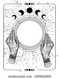 Mystical drawing tarot with copy space, magic ball for text. Female hands hold an empty round frame, sketch. Mystical vector illustration of a witch.