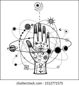 Mystical drawing: tattoo human hand holds the universe. Planets and stars rotate in orbits around the palms. Monochrome vector illustration isolated on white background. Print, poster, T-shirt, card.