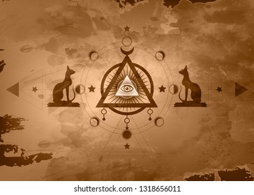 Mystical drawing: the third eye, all-seeing eye, circle of a moon phase. Sacred geometry, Egyptian cats Bastet ancient Egypt goddess. Vector parchment for print, poster, t-shirt, card, tattoo symbol