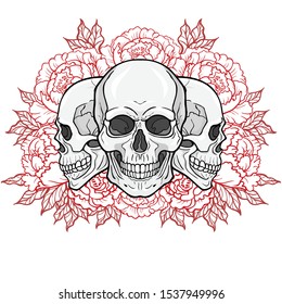 Mystical drawing:  three human skulls, bouquet of flowers. Magic, esoteric, occultism. Vector illustration isolated on white background. Print, poster, T-shirt, card. 