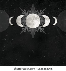Mystical drawing: Triple moon pagan Wicca  symbol, full moon, phases of the moon. Alchemy, magic, esoteric. Background - black star sky. Vector illustration. Print, poster, T-shirt, card.  svg