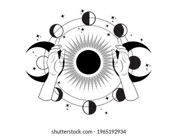 Mystical drawing woman hands hold the triple goddess, stars, Moon phases, Solar system. Wicca and pagan tradition. Alchemy, magic, esoteric, occultism. Tattoo vector illustration isolated on white