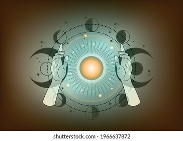 Mystical drawing woman hands hold the triple goddess, stars, Moon phases, Solar system. Wicca and pagan tradition. Alchemy, magic, esoteric, occultism. vector isolated on old vintage background
