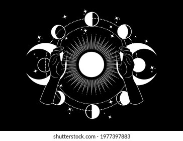 Mystical drawing woman hands hold the triple goddess, stars, Moon phases, Solar system. Wicca and pagan tradition. Alchemy, magic, esoteric, occultism. Tattoo vector illustration isolated on black