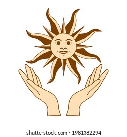 Mystical drawing, woman hands hold the sun. Circle of a phase of the moon. Sacred geometry.