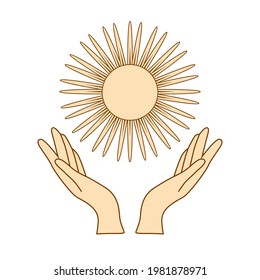 Mystical drawing, woman hands hold the sun. Circle of a phase of the moon. Sacred geometry.