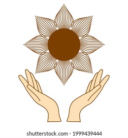 Mystical drawing, woman hands hold the sun. Circle of a phase of the moon. Sacred geometry.