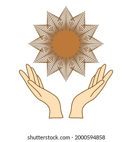 Mystical drawing, woman hands hold the sun. Circle of a phase of the moon. Sacred geometry.