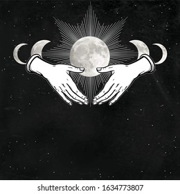 Mystical drawing: woman 's hands hold the moon. Alchemy, magic, esoteric, occultism. Background - night star sky. Monochrome vector illustration.