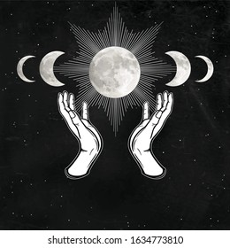 Mystical drawing: woman 's hands hold the moon. Alchemy, magic, esoteric, occultism. Background - night star sky. Monochrome vector illustration.