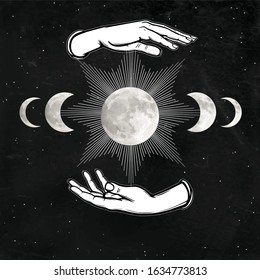 Mystical drawing: woman 's hands hold the moon. Alchemy, magic, esoteric, occultism. Background - night star sky. Monochrome vector illustration.