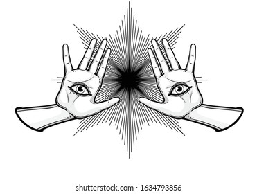 Mystical drawing: Women 's hands, all-seeing eye, flash of light. Alchemy, magic, esoteric, occultism. Monochrome vector illustration isolated on white background.