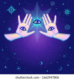 Mystical drawing: Women 's hands, all-seeing eye, flash of light. Alchemy, magic, esoteric, occultism.  Background - night star sky. Vector illustration. Place for the text.