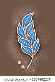 Mystical Dreaming Feather with Beads, Deco Element. Aesthetic Object with Oriental Stylization. Futuristic Abstract Concept. Textured Fantasy Background. Vector 3d Illustration