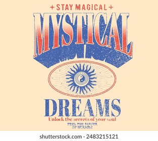 Mystical dreams artwork for t shirt print, poster, sticker, background and other uses. Sunshine with star artwork. Stay magical. Unlock the secret of your sou. Sun moon club. 