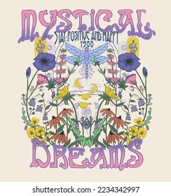 MYSTICAL DREAMS.Retro 70's psychedelic hippie element illustration print with groovy slogan for man - woman graphic tee t shirt or sticker poster - Vector