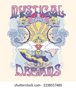 MYSTICAL DREAMS.Retro 70's psychedelic hippie element illustration print with groovy slogan for man - woman graphic tee t shirt or sticker poster - Vector
