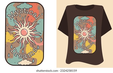 MYSTICAL DREAMS.Retro 70's psychedelic hippie element illustration print with groovy slogan for man - woman graphic tee t shirt or sticker poster - Vector