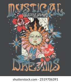 MYSTICAL DREAMS.Retro 70's psychedelic hippie element illustration print with groovy slogan for man - woman graphic tee t shirt or sticker poster - Vector