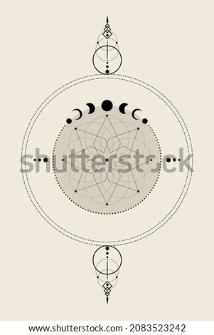 Mystical eight pointed star and Moon Phases, Sacred geometry. Dream catcher, Flower of life. Pagan Wiccan goddess symbol, wicca banner sign, energy circles, boho style old vintage vector isolated