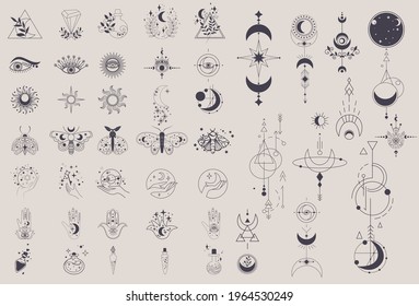 Mystical Elements in a fine line. Magical contour icons Magic and witchcraft, witchy esoteric alchemy, hand-drawn doodles minimalistic symbol and mysterious objects. Flat Isolated vector illustration
