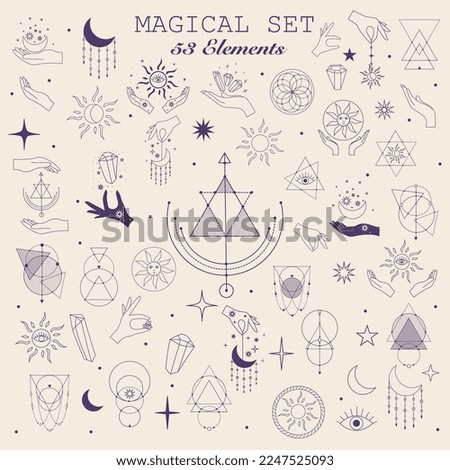 Mystical Elements in a fine line. Magical contour icons Magic and witchcraft, witchy esoteric alchemy, astrology. 